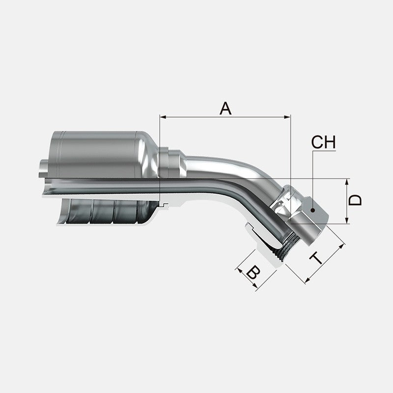 Conexion Crimpable Codo 45 Hembra Giratoria BSP asiento 60 de 1 pulg. x 1 pulg. ID Manguera, Covalca, serie FK, Acero (1B143-16-16-I)