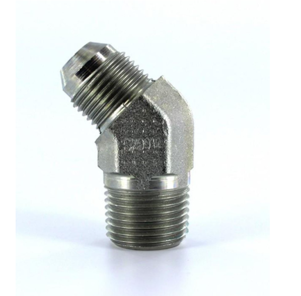 Adaptador codo 45 Parker de Acero Macho JIC 37 Flare de 1/4 pulg. X Macho NPT de 3/8 pulg.