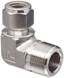 Conector de compresion Codo 90 grados Parker de Acero Inoxidable O.D. de 3/8 pulg. X Macho NPT de 1/4 pulg.