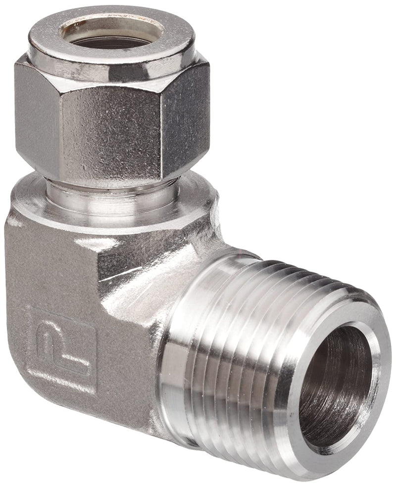 Conector de compresion Codo 90 grados Parker de Acero Inoxidable O.D. de 1/4 pulg. X Macho NPT de 1/8 pulg.