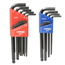 Juego de llaves hexagonales L combinadas Urrea de Acero SAE y Metricas punta bola 0.05 pulg. a 3/8 pulg. y 1.5mm a 10mm 22 pzas