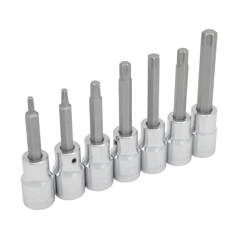 Juego de dados Urrea de Torx Punta torx Boca de T20 a T55 X Cuadro de 1/2 pulg. Longitud de 3 1/4 pulg. a 4 pulg.