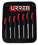 Juego de destornilladores de golpe Urrea de Acero Puntas negras Planas y Phillips de 3/16 pulg. a 3/8 pulg. Barra Cuadrada Longitud expuesta de 4 pulg. a 8 pulg. de 7 pzas